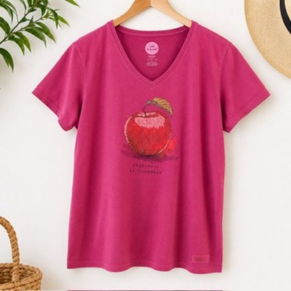 Life Is Good Pink Apple Graphic Tee Sz L V Neck Happiness Homemade Cottagecore